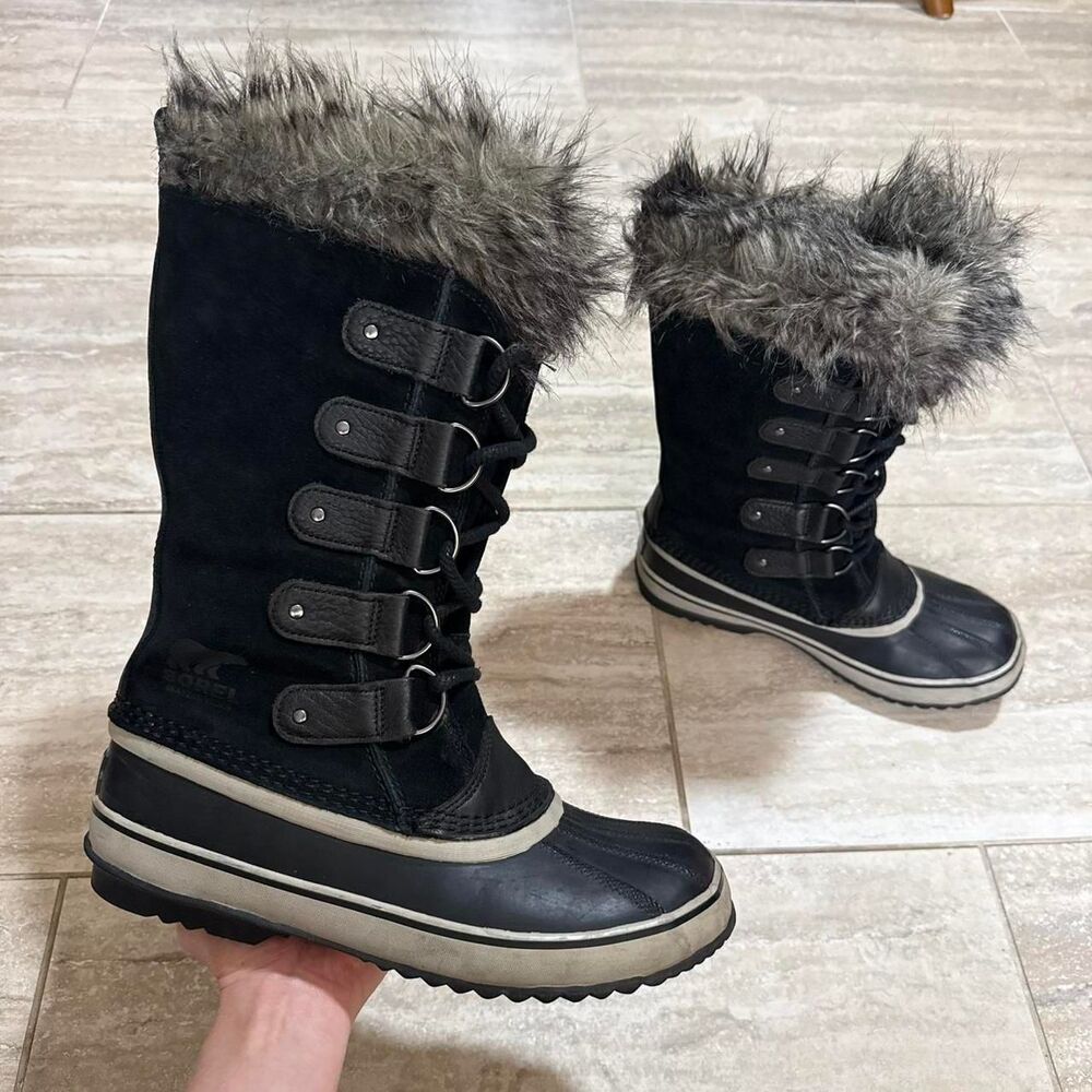 Sorel Joan of Arctic Waterproof Snow Boots Black Suede Faux Fur Women's 9.5